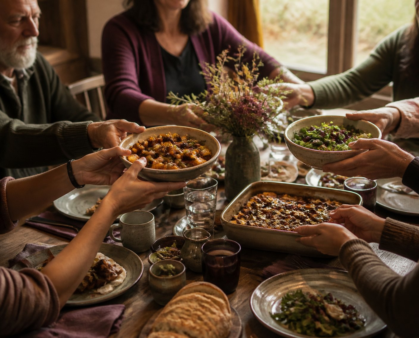 Neighbors passing dishes around a full dinner table